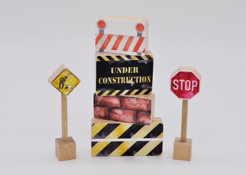 Construction Vehicles & Traffic Signs Wooden Blocks Set